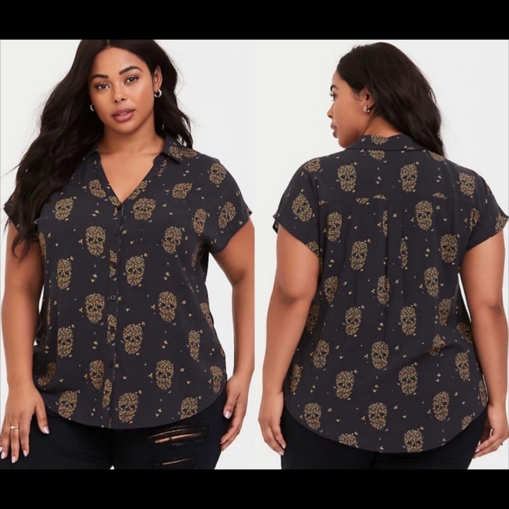 Torrid Floral Skull Challis Button-Down Dolman Shirt, Size 2